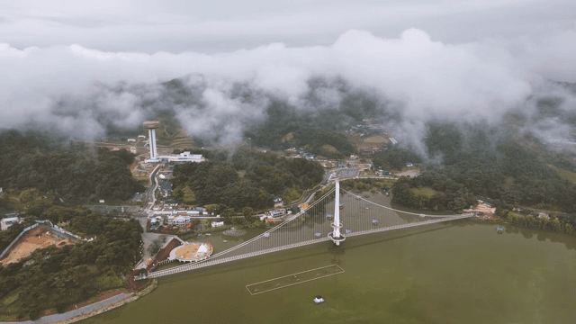 Scenic bridge in a foggy landscape
