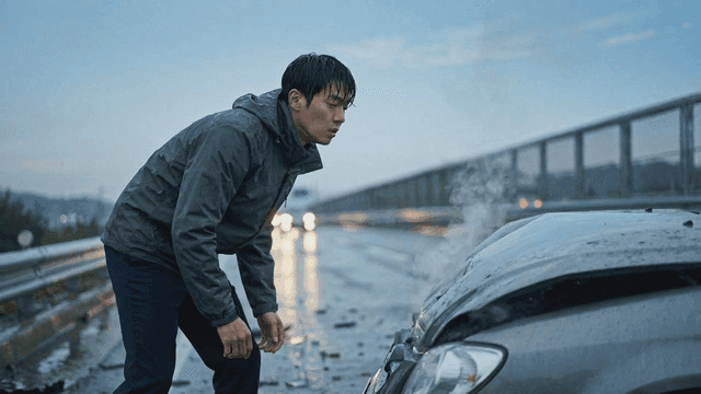 Man examining damaged car on rain-soaked road