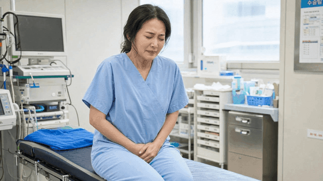 Female patient suffering in hospital room