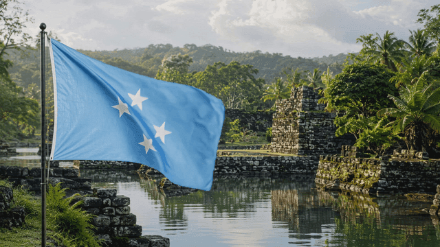 Federated States of Micronesia flag waving near ancient stone ruin site