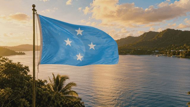 Flag of Federated States of Micronesia fluttering on beach at sunset