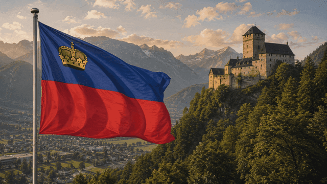 Principality of Liechtenstein flag fluttering near historic castle