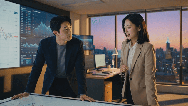 Two people discussing in office while looking at financial charts