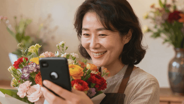 꽃다발을 들고 미소 짓으며 셀카찍는 중년 여성