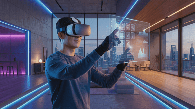 Man wearing VR headset and interacting in modern apartment