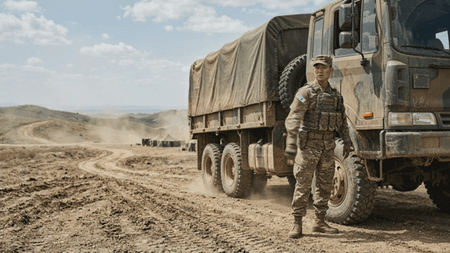 Soldier standing next to military truck in desert landscape.