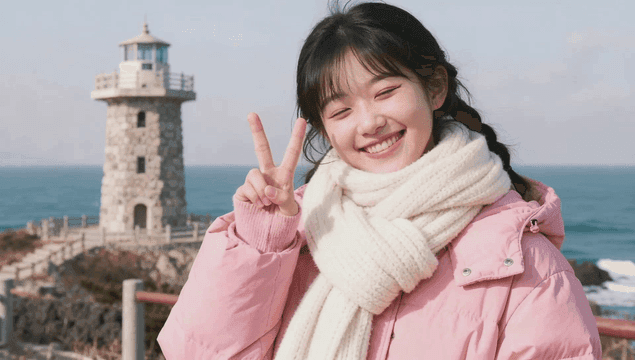 Young woman smiling by the lighthouse