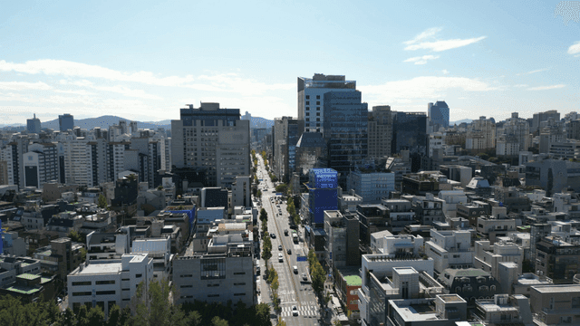 맑은 날씨에 길게 일자로 뻗은 대로가 있는 번화한 서울 도심 전경