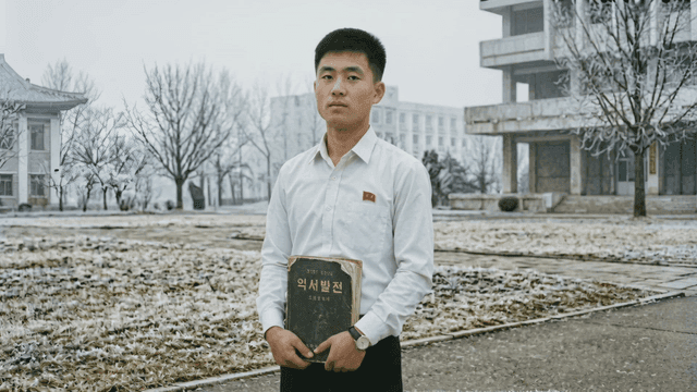 North Korean youth holding book in frost-covered courtyard