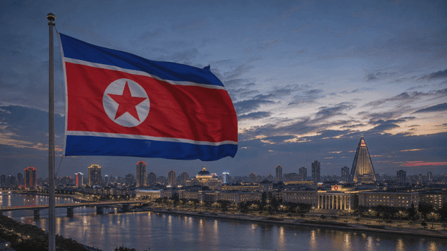 City skyline with a flag at dusk