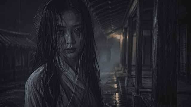 Maiden ghost wearing traditional Hanbok on rainy night