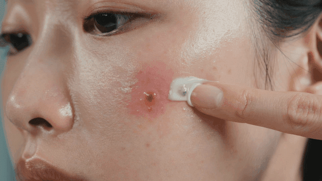 Woman applying cream to facial blemishes