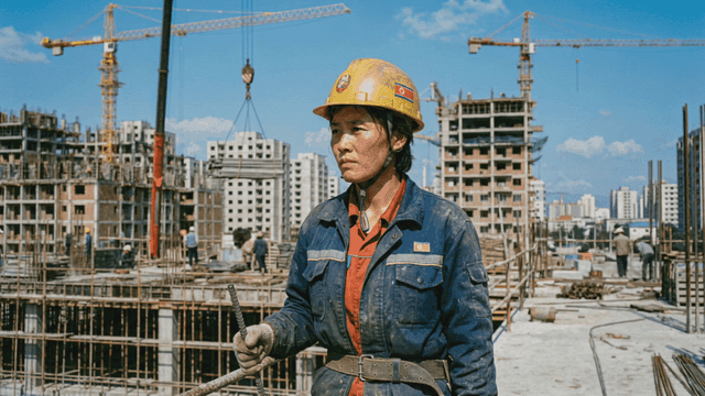 North Korean female construction workers at construction site