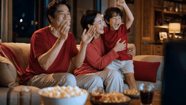 Family cheering on living room sofa