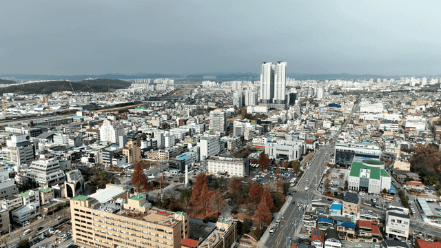 대로변 고층 건물 있는 도시 전경