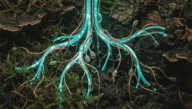이끼와 얽힌 전류가 흘러 빛나는 뿌리