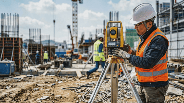 Construction worker using a theodolite