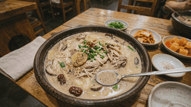 Bowl of perilla seed ginseng chicken soup at cozy restaurant