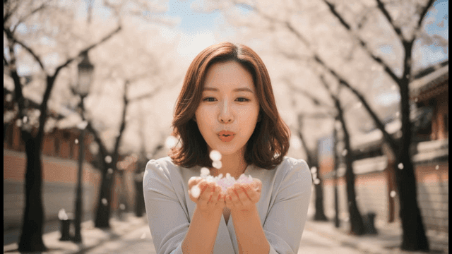 Woman blowing cherry blossom petals with her breath