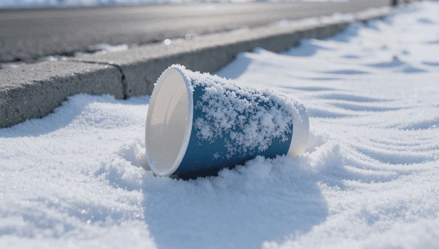 거리에 버려진 눈 덮인 파란 컵