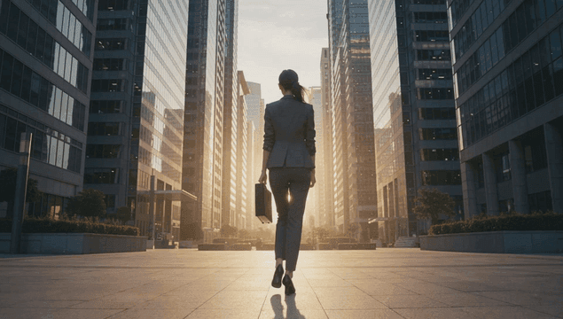 Businesswoman walking in a city at sunrise