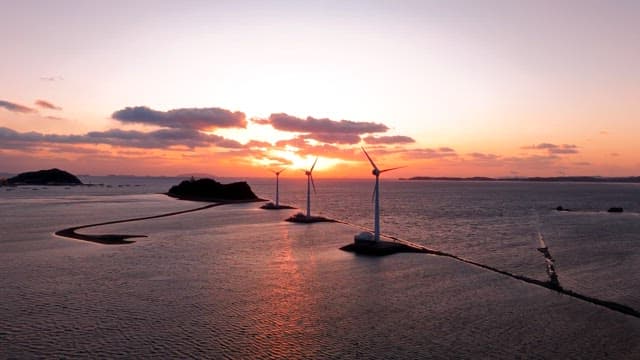 Wind turbines at sea during sunset