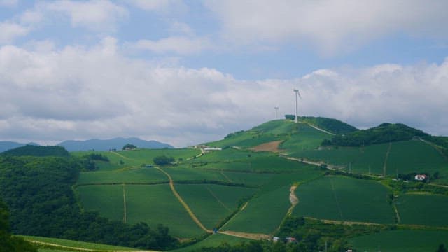 Scenic Farmlands with Wind Turbines on Hills