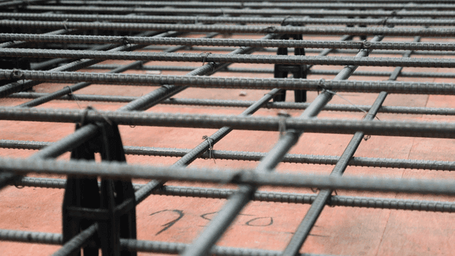 Steel reinforcement grid on a construction site