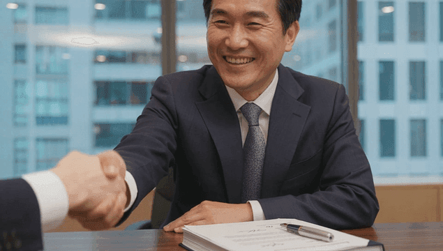 Business professional offering a handshake with a smile in an office