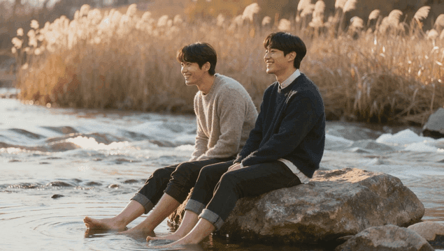 고요한 가을 강가에 앉아 있는 두 남자