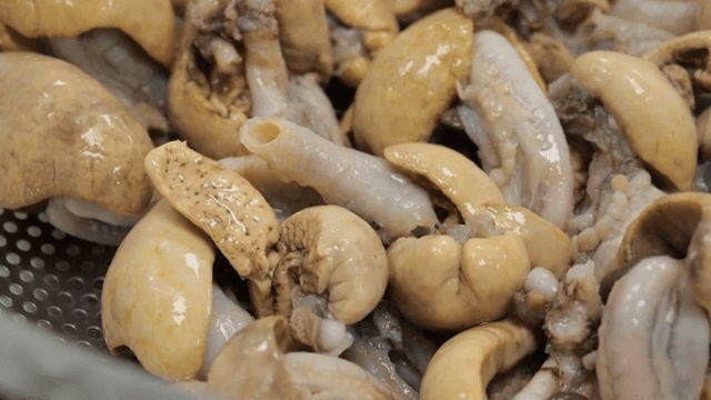 금속 채반에 담긴 장어 내장