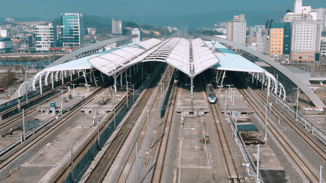 Modern train station with multiple tracks