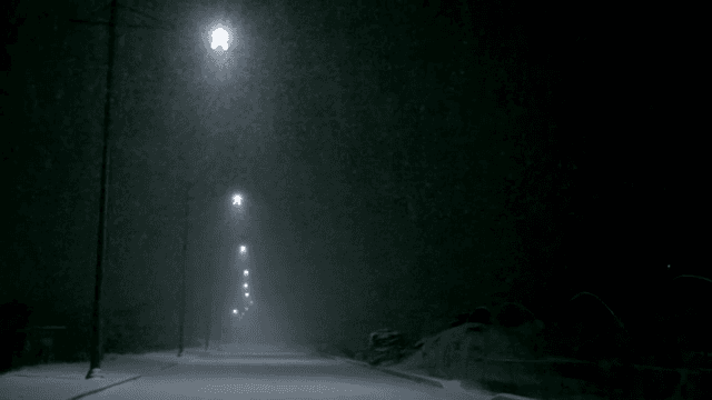 Snow falling on a quiet street at night