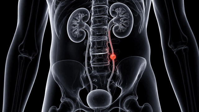 X-ray image of urinary system kidney with highlighted stones