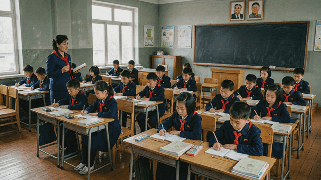 North Korean elementary school students listening attentively to class
