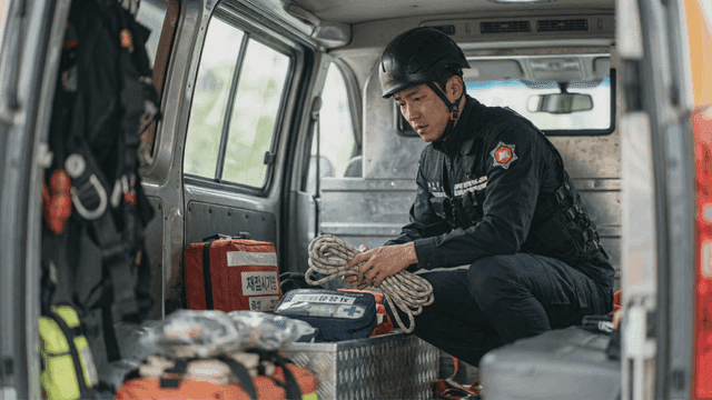 Rescue worker organizing equipment in a van