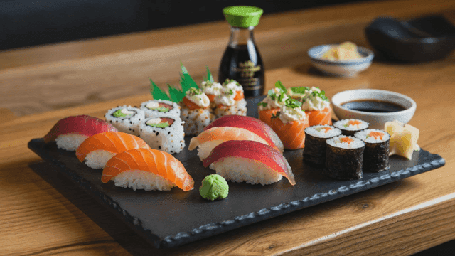 Various sushi on wooden table