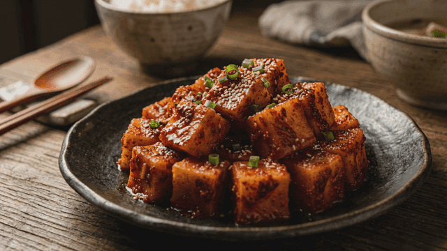 Spicy cubed radish kimchi on simple table