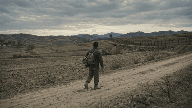 Man walking on dirt country road with barbed wire
