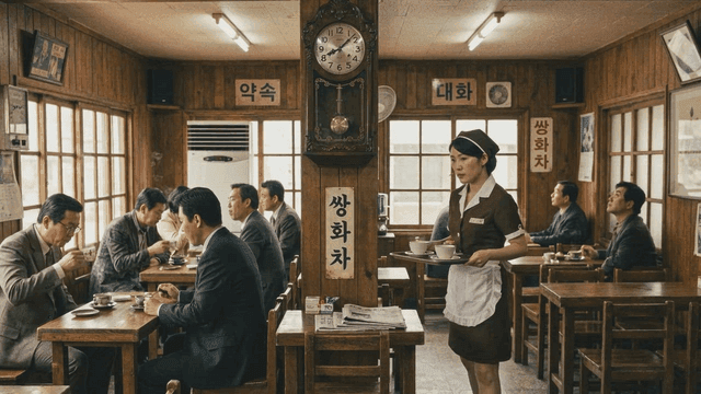 70s retro cafe where people enjoy coffee