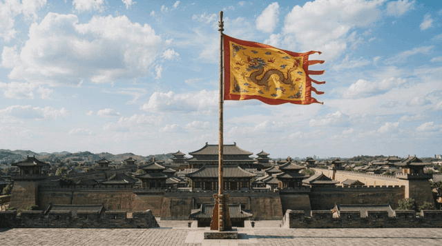 Ancient palace where dragon Qing Dynasty flag flutters