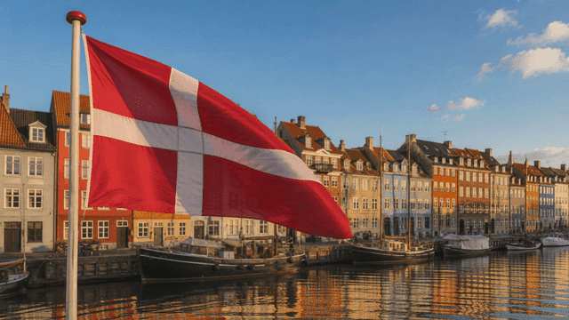Danish flag waving by colorful buildings
