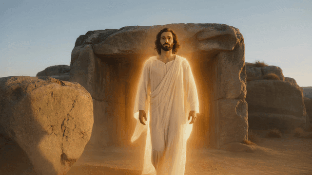 Jesus in white clothes coming out of stone tomb