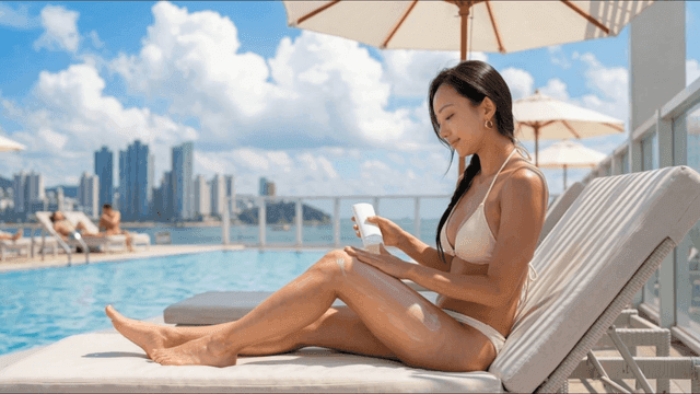 Woman applying sunscreen by a rooftop pool