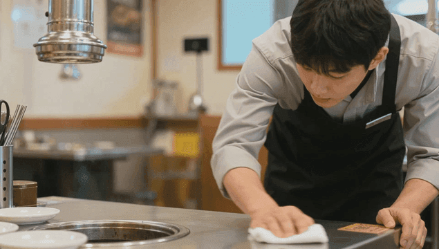 고깃집 식당 테이블을 닦고 있는 직원