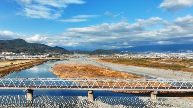 River flowing under a bridge with mountains