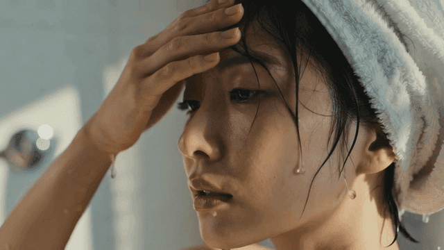 Woman with wet hair wearing towel.