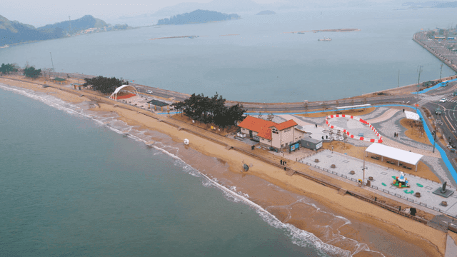 Coastal area with sandy beaches and walking paths