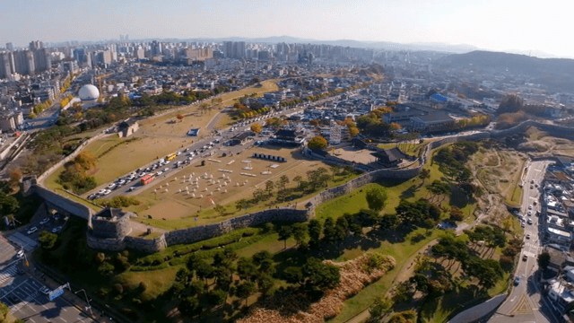 Aerial view of a historic cityscape