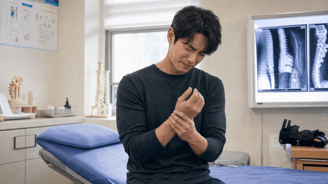 Man holding his wrist in pain at a clinic